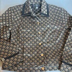 ST. JOHN By Marie Gray Leather Trim Jacket Bronze Black Monogram Size M